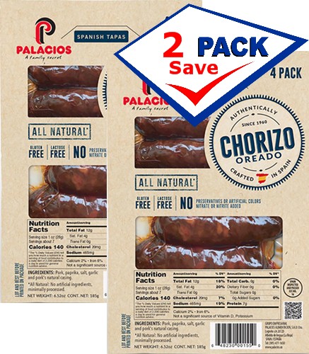 Chorizos Palacios imported from Spain. 6.05 oz. 4 pieces. Pack of 2